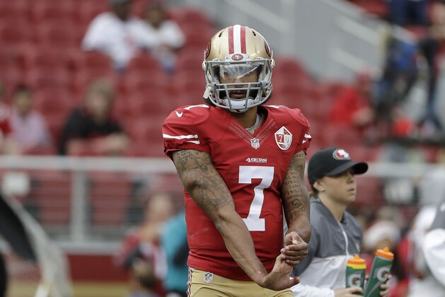 San Francisco 49ers quarterback Colin Kaepernick (7) warms up before an NFL football game against the New York Jets in Santa Clara, Calif., Sunday, Dec. 11, 2016. (AP Photo/Marcio Jose Sanchez)