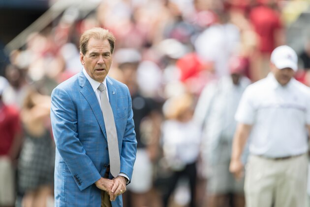 TUSCALOOSA, AL - APRIL 22: Head coach Nick Saban of the Alabama Crimson Tide at Bryant-Denny Stadium on April 22, 2017 in Tuscaloosa, Alabama. (Photo by Michael Chang/Getty Images)