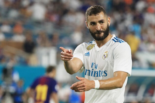 MIAMI GARDENS, FL - JULY 29:  Karim Benzema #9 of Real Madrid reacts in the first half against Barcelona during their International Champions Cup 2017 match at Hard Rock Stadium on July 29, 2017 in Miami Gardens, Florida.  (Photo by Mike Ehrmann/Getty Images)