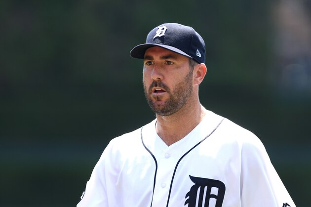DETROIT, MI - JULY 30:  Justin Verlander #35 of the Detroit Tigers looks on during the game against the Houston Astros at Comerica Park on July 30, 2017 in Detroit, Michigan. The Tigers defeated the Astros 13-1.  (Photo by Mark Cunningham/MLB Photos via Getty Images)