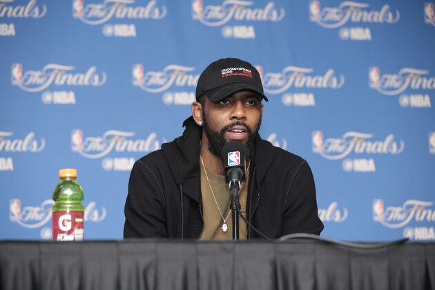 OAKLAND, CA - JUNE 12:  Kyrie Irving #2 of the Cleveland Cavaliers talks to the media after the game against the Golden State Warriors in Game Five of the 2017 NBA Finals on June 12, 2017 at ORACLE Arena in Oakland, California. NOTE TO USER: User expressly acknowledges and agrees that, by downloading and or using this photograph, user is consenting to the terms and conditions of Getty Images License Agreement. Mandatory Copyright Notice: Copyright 2017 NBAE (Photo by Jack Arent/NBAE via Getty Images)