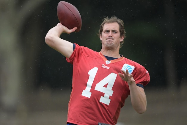 Oct 20, 2016; Bagshot, United Kingdom; Los Angeles Rams quarterback Sean Mannion (14) throws a pass at practice at the Pennyhill Park Hotel & Spa in preparation for the NFL International Series game against the New York Giants. Mandatory Credit: Kirby Lee-USA TODAY Sports