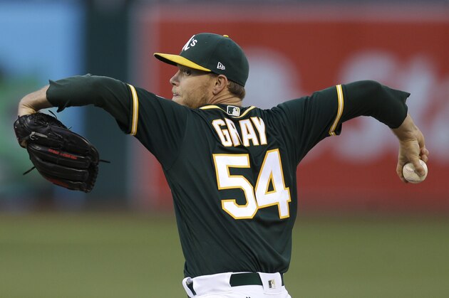 FILE - In this July 14, 2017, file photo, Oakland Athletics pitcher Sonny Gray works against the Cleveland Indians during the first inning of a baseball game, in Oakland, Calif. As the hours tick down to baseball's trade deadline, three standout pitchers remain at the center of attention. Sonny Gray, Justin Verlander and Yu Darvish each have the potential to help a contending team down the stretch, and if any of them are traded Monday, July 31, 2017, it would certainly spice up what has been a fairly pedestrian stretch of deals so far. (AP Photo/Ben Margot, File) FILE - In this July 14, 2017, file photo, Oakland Athletics pitcher Sonny Gray works against the Cleveland Indians during the first inning of a baseball game, in Oakland, Calif. As the hours tick down to baseball's trade deadline, three standout pitchers remain at the center of attention. Sonny Gray, Justin Verlander and Yu Darvish each have the potential to help a contending team down the stretch, and if any of them are traded Monday, July 31, 2017, it would certainly spice up what has been a fairly pedestrian stretch of deals so far. (AP Photo/Ben Margot, File)