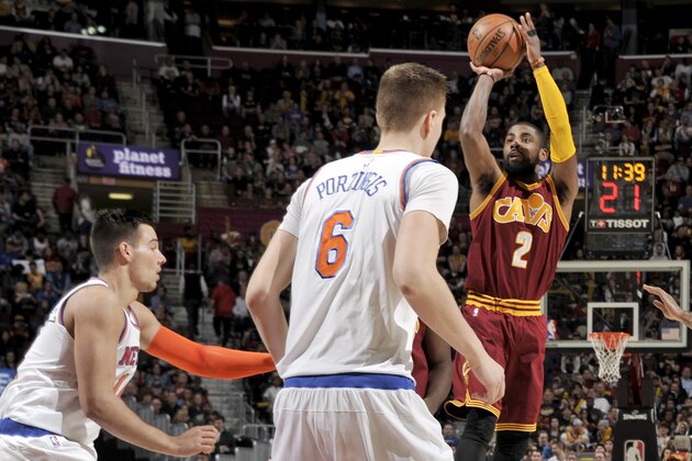 CLEVELAND, OH - FEBRUARY 23:  Kyrie Irving #2 of the Cleveland Cavaliers shoots the ball against the New York Knicks on February 23, 2017 at Quicken Loans Arena in Cleveland, Ohio. NOTE TO USER: User expressly acknowledges and agrees that, by downloading and/or using this Photograph, user is consenting to the terms and conditions of the Getty Images License Agreement. Mandatory Copyright Notice: Copyright 2017 NBAE (Photo by David Liam Kyle/NBAE via Getty Images)