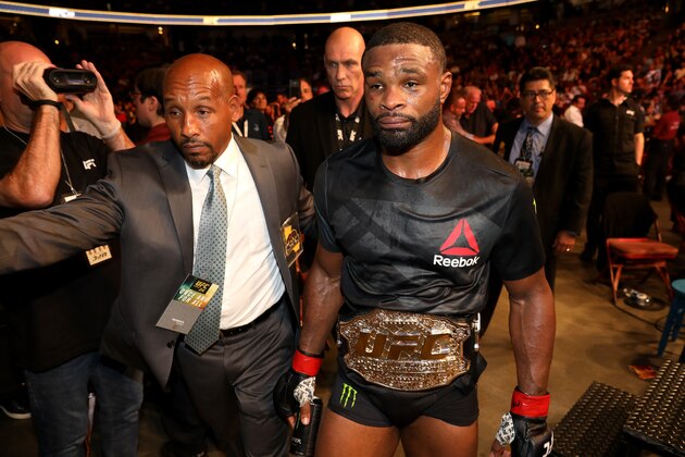 ANAHEIM, CA - JULY 29:  Tyron Woodley celebrates after his unanimous-decision victory over Demian Maia of Brazil in their UFC welterweight championship bout during the UFC 214 event at Honda Center on July 29, 2017 in Anaheim, California.  (Photo by Christian Petersen/Zuffa LLC/Zuffa LLC via Getty Images)