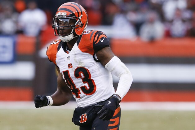 Cincinnati Bengals free safety George Iloka (43) covers a kickoff against the Cleveland Browns in the second half of an NFL football game, Sunday, Dec. 11, 2016, in Cleveland. (AP Photo/Ron Schwane)