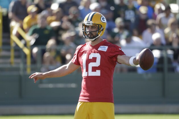 Green Bay Packers' Aaron Rodgers during NFL football training camp Thursday, July 27, 2017, in Green Bay, Wis. (AP Photo/Morry Gash)