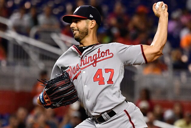 MIAMI, FL - JULY 31: Gio Gonzalez #47 of the Washington Nationals pitches in the first inning during the game between the Miami Marlins and the Washington Nationals at Marlins Park on July 31, 2017 in Miami, Florida. (Photo by Mark Brown/Getty Images)