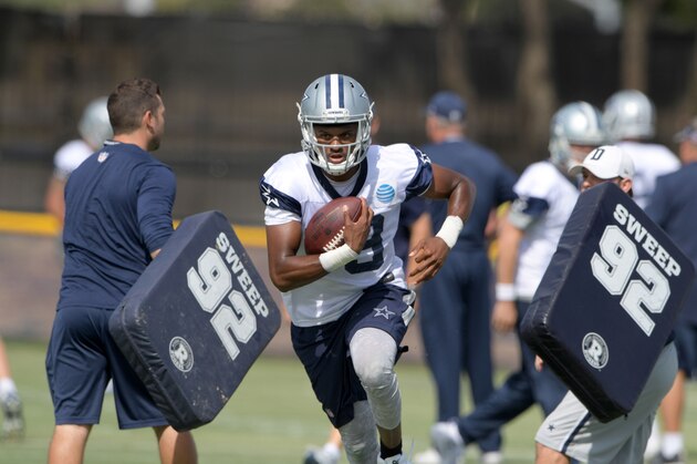 Jul 24, 2017; Oxnard, CA, USA; Dallas Cowboys wide receiver Brice Bulter (19) carries the ball during the opening day of training camp at River Ridge Fields. Mandatory Credit: Kirby Lee-USA TODAY Sports