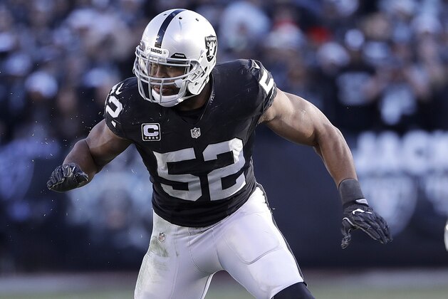 Oakland Raiders defensive end Khalil Mack (52) against the Indianapolis Colts during an NFL football game in Oakland, Calif., Saturday, Dec. 24, 2016. (AP Photo/Marcio Jose Sanchez)