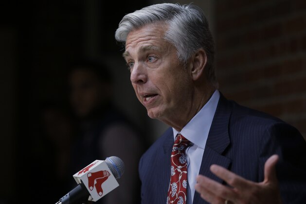 Red Sox president of baseball operations David Dombrowski faces reporters during a news conference at Fenway Park, Tuesday, Oct. 11, 2016, Boston. The Indians swept the Red Sox out of the postseason, completing a three-game American League Division Series sweep. (AP Photo/Steven Senne)