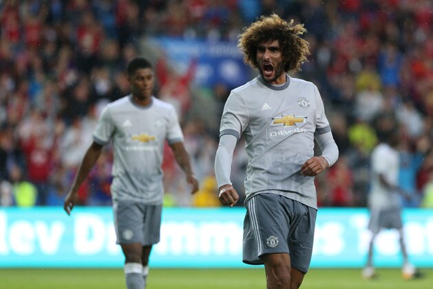 OSLO, NORWAY - JULY 30: Marouane Fellani of Manchester United celebrates scoring the first goal v Valerenga today at Ullevaal Stadion on July 30, 2017 in Oslo, Norway. (Photo by Andrew Halseid-Budd/Getty Images)