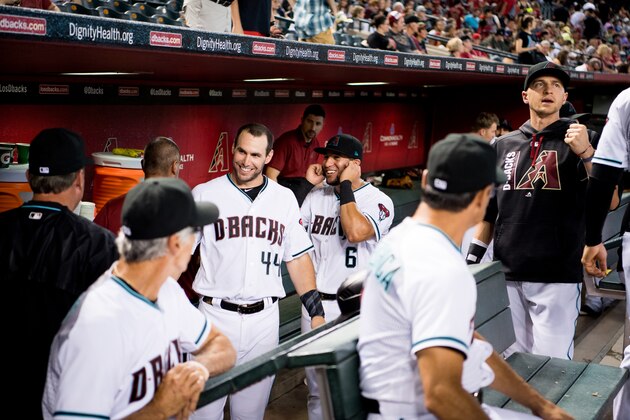 PHOENIX, AZ - JULY 25: David Peralta #6 and Paul Goldschmidt #44 of the Arizona Diamondbacks get loose prior to a game against the Atlanta Braves at Chase Field on July 25, 2017 in Phoenix, Arizona. (Photo by Sarah Sachs/Arizona Diamondbacks/Getty Images)