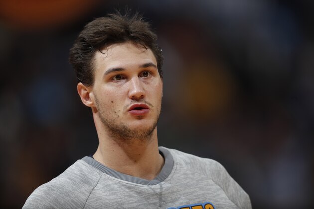 Denver Nuggets forward Danilo Gallinari (8) in the second half of an NBA basketball game Friday, April 7, 2017, in Denver. The Nuggets won 122-106. (AP Photo/David Zalubowski)