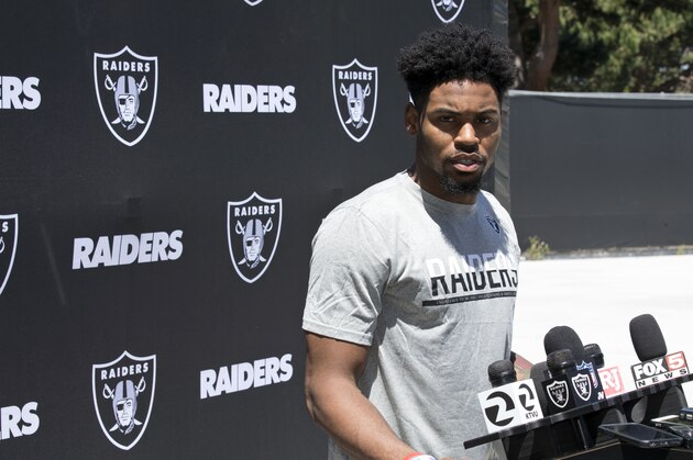 Oakland Raiders first round draft pick Gareon Conley talks to the media following during NFL football rookie minicamp, Friday, May 5, 2017, at Raiders headquarters in Alameda, Calif. (AP Photo/D. Ross Cameron)