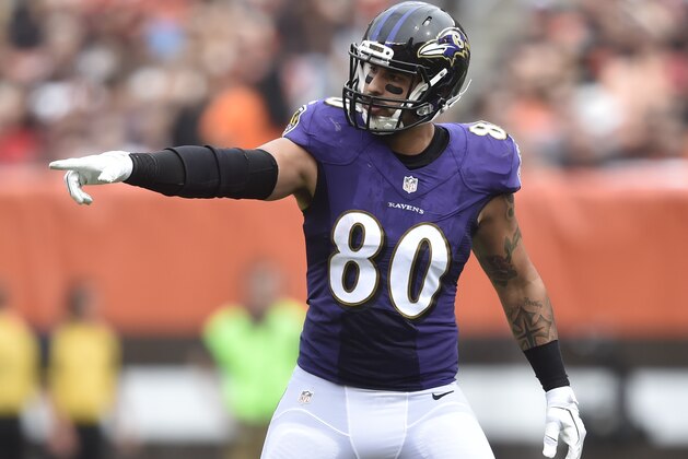 Baltimore Ravens tight end Crockett Gillmore sets up before a play in the second half of an NFL football game against the Baltimore Ravens, Sunday, Sept. 18, 2016, in Cleveland. (AP Photo/David Richard)