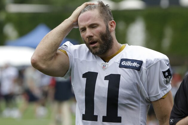 New England Patriots wide receiver Julian Edelman (11) steps off the field at NFL football training camp, Thursday, July 27, 2017, in Foxborough, Mass. (AP Photo/Steven Senne)