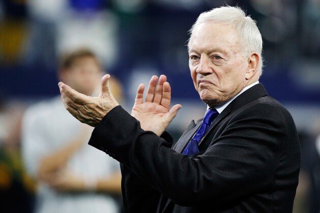 ARLINGTON, TX - JANUARY 15:  Dallas Cowboys owner Jerry Jones applauds during warm ups before the NFC Divisional Playoff Game against the Green Bay Packers at AT&T Stadium on January 15, 2017 in Arlington, Texas. (Photo by Joe Robbins/Getty Images)