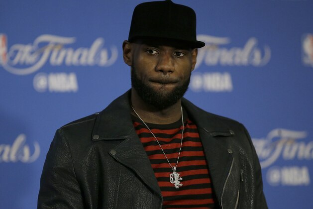 Cleveland Cavaliers forward LeBron James speaks at a news conference after Game 5 of basketball's NBA Finals between the Golden State Warriors and the Cavaliers in Oakland, Calif., Monday, June 12, 2017. The Warriors won 129-120 to win the NBA championship. (AP Photo/Ben Margot)
