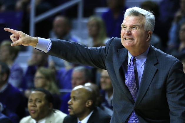 Kansas State head coach Bruce Weber directs his team during the second half of an NCAA college basketball game against Iowa State in Manhattan, Kan., Wednesday, Feb. 15, 2017. (AP Photo/Orlin Wagner)