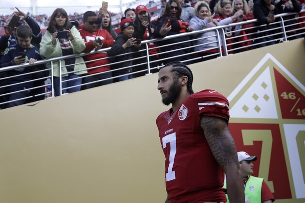 San Francisco 49ers quarterback Colin Kaepernick (7) walks out of a tunnel before an NFL football game against the Seattle Seahawks in Santa Clara, Calif., Sunday, Jan. 1, 2017. (AP Photo/Marcio Jose Sanchez)