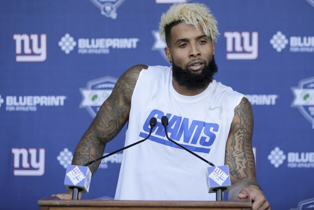 New York Giants' Odell Beckham, Jr. talks to reporters after a NFL football practice in East Rutherford, N.J., Tuesday, June 13, 2017. (AP Photo/Seth Wenig)