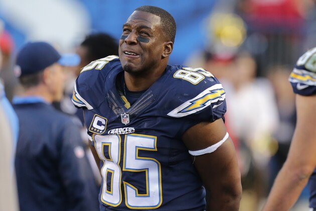 SAN DIEGO, CA - JANUARY 01: Antonio Gates #85 of the San Diego Chargers looks on against the Kansas City Chiefs during a NFL game at Qualcomm Stadium on January 1, 2017 in San Diego, California.  (Photo by Leon Bennett/Getty Images)
