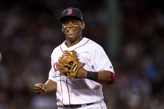BOSTON, MA - JULY 31: Rafael Devers #11 of the Boston Red Sox reacts during the fourth inning of a game against the Cleveland Indians on July 31, 2017 at Fenway Park in Boston, Massachusetts. (Photo by Billie Weiss/Boston Red Sox/Getty Images) BOSTON, MA - JULY 31: Rafael Devers #11 of the Boston Red Sox reacts during the fourth inning of a game against the Cleveland Indians on July 31, 2017 at Fenway Park in Boston, Massachusetts. (Photo by Billie Weiss/Boston Red Sox/Getty Images)