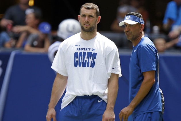 Indianapolis Colts quarterback Andrew Luck talks with wide receivers coach Sanjay Lal during the NFL team's football training camp in Indianapolis, Sunday, July 30, 2017. Luck is on the team's physically unable to perform list. (AP Photo/Michael Conroy)