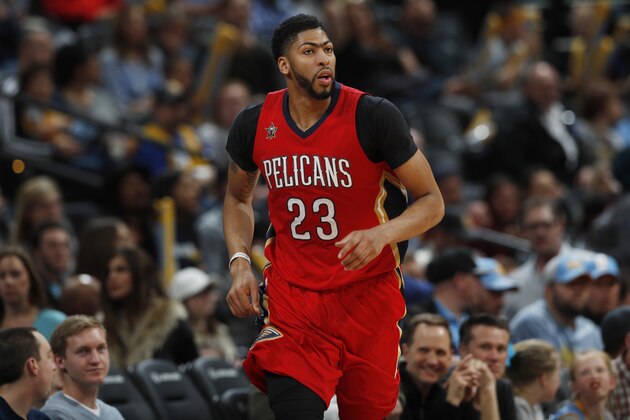 New Orleans Pelicans forward Anthony Davis (23) in the second half of an NBA basketball game Sunday, March 26, 2017, in Denver. The Pelicans won 115-90. (AP Photo/David Zalubowski))