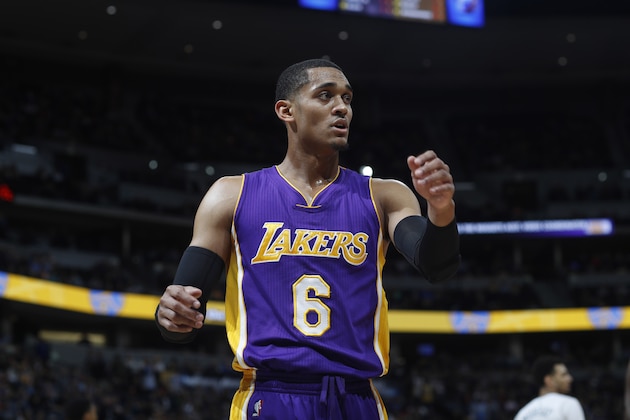Los Angeles Lakers guard Jordan Clarkson (6) in the first half of an NBA basketball game Monday, March 13, 2017, in Denver. (AP Photo/David Zalubowski)