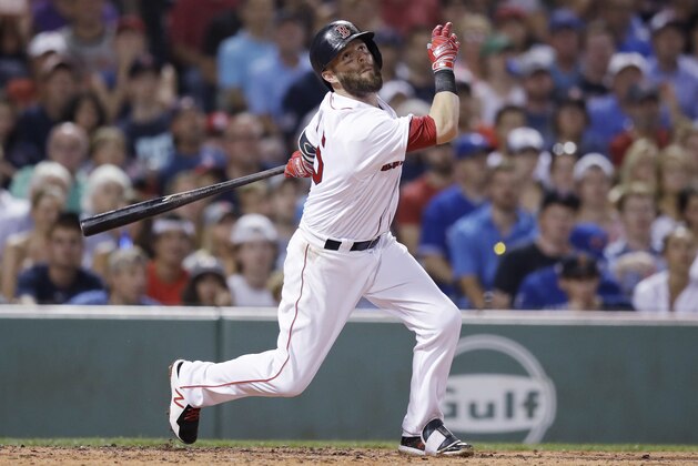 Boston Red Sox's Dustin Pedroia during a baseball game at Fenway Park in Boston, Tuesday, July 18, 2017. (AP Photo/Charles Krupa)
