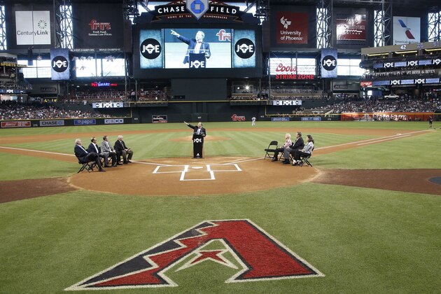 Joe Garagiola, Jr., talks about his father, Joe Garagiola, Sr., as the Arizona Diamondbacks have a memorial tribute at Chase Field prior to a baseball game between the Diamondbacks and the New York Yankees Monday, May 16, 2016, in Phoenix. The Diamondbacks defeated the Yankees 12-2. (AP Photo/Ross D. Franklin) Joe Garagiola, Jr., talks about his father, Joe Garagiola, Sr., as the Arizona Diamondbacks have a memorial tribute at Chase Field prior to a baseball game between the Diamondbacks and the New York Yankees Monday, May 16, 2016, in Phoenix. The Diamondbacks defeated the Yankees 12-2. (AP Photo/Ross D. Franklin)
