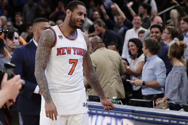 New York Knicks' Carmelo Anthony (7) leaves the court after an NBA basketball game against the Philadelphia 76ers Wednesday, April 12, 2017, in New York. The Knicks won 114-113. (AP Photo/Frank Franklin II) New York Knicks' Carmelo Anthony (7) leaves the court after an NBA basketball game against the Philadelphia 76ers Wednesday, April 12, 2017, in New York. The Knicks won 114-113. (AP Photo/Frank Franklin II)