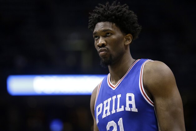 Philadelphia 76ers' Joel Embiid during an NBA basketball game against the Milwaukee Bucks Monday, Jan. 16, 2017, in Milwaukee. (AP Photo/Aaron Gash)