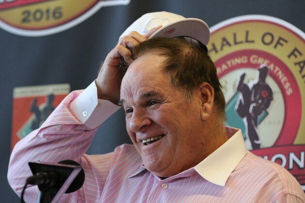 Former Cincinnati Reds player and manager Pete Rose laughs during a press conference where it was announced that he will be inducted into the Reds Hall of  Fame, Tuesday, Jan. 19, 2016, in Cincinnati. The induction will take place the weekend of June 24-26, 2016. (AP Photo/Gary Landers)
