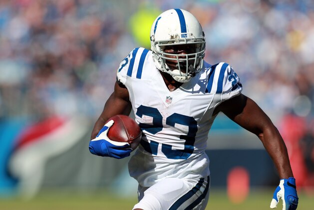 Indianapolis Colts running back Frank Gore (23) runs the ball against the Tennessee Titans during an NFL football game on Sunday, Oct. 23, 2016 in Nashville, Tenn. The Colts won the game 34-26.  (Jeff Haynes/AP Images for Panini)