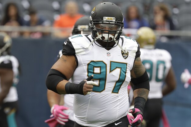 Jacksonville Jaguars defensive tackle Roy Miller (97) before an NFL football game against the Chicago Bears in Chicago, Sunday, Oct. 16, 2016. (AP Photo/Jeff Roberson) Jacksonville Jaguars defensive tackle Roy Miller (97) before an NFL football game against the Chicago Bears in Chicago, Sunday, Oct. 16, 2016. (AP Photo/Jeff Roberson)