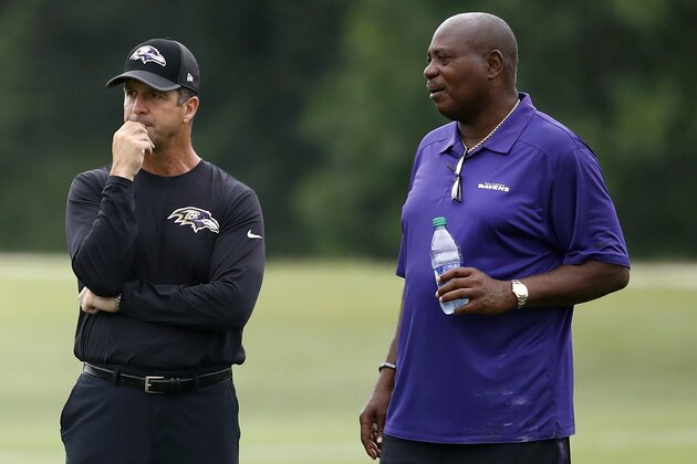 Baltimore Ravens head coach John Harbaugh, left, and general manager and executive vice president Ozzie Newsome watch an NFL football training camp practice in Owings Mills, Md., Friday, July 28, 2017. (AP Photo/Patrick Semansky)