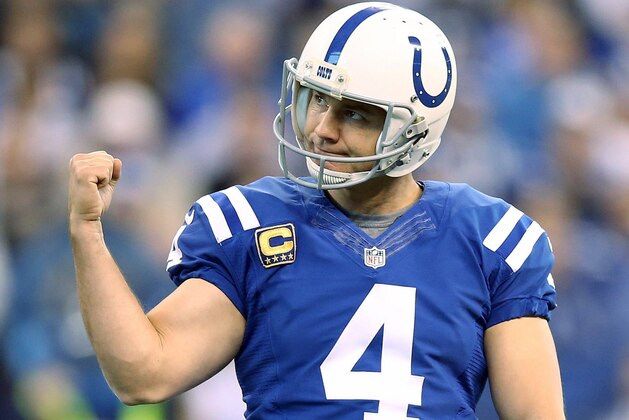 INDIANAPOLIS, IN - JANUARY 03:  Adam Vinatieri #4 of the Indianapolis Colts celebrates after making a field goal against the Tennessee Titans at Lucas Oil Stadium on January 3, 2016 in Indianapolis, Indiana.  (Photo by Andy Lyons/Getty Images)