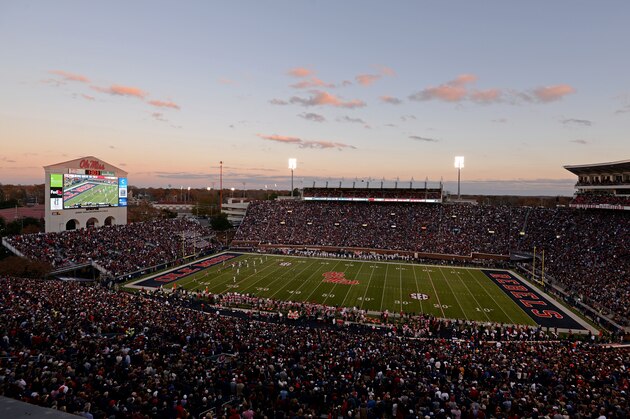 Mississippi football fans pack Vaught-Hemingway Stadium for the annual Egg Bowl game against No. 4 Mississippi State in an NCAA college football game in Oxford, Miss., Saturday, Nov. 29, 2014.  No. 18 Mississippi won 31-17. (AP Photo/Thomas Graning)