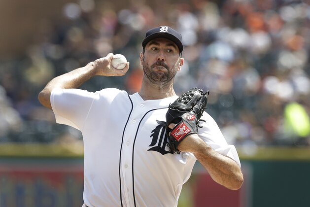 Detroit Tigers starting pitcher Justin Verlander throws during the sixth inning of a baseball game against the Houston Astros, Sunday, July 30, 2017, in Detroit. (AP Photo/Carlos Osorio)
