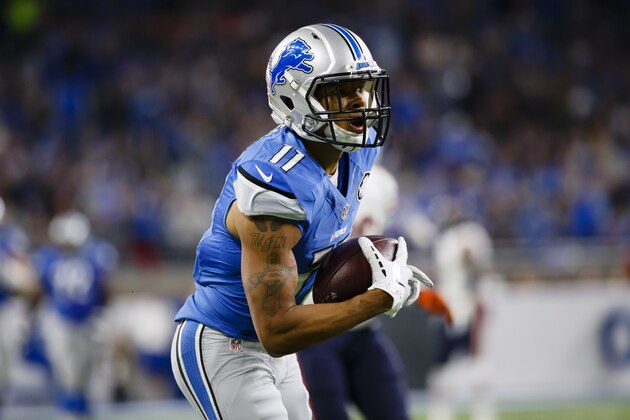 Detroit Lions wide receiver Marvin Jones (11) rushes against the Chicago Bears during an NFL football game at Ford Field in Detroit, Sunday, Dec. 11, 2016. (AP Photo/Rick Osentoski)