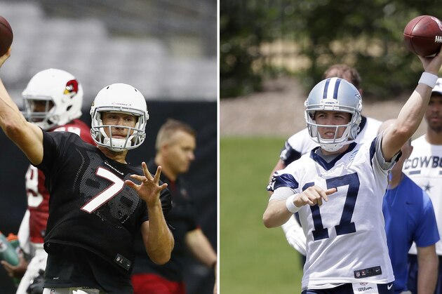 FILE - At left, in a July 24, 2017, file photo, Arizona Cardinals quarterback Blaine Gabbert throws a pass during an NFL football training camp, in Glendale, Ariz. At right, in a June 13, 2017, file photo, Dallas Cowboys quarterback Kellen Moore throws a pass during an NFL football practice at the team's training facility, in Frisco, Texas. Don't look for too many stars to be on the field Thursday night when the Cowboys and Cardinals kick off the NFL preseason in the Pro Football Hall of Fame game. Don't look for many starters, either. Cowboys' Kellen Moore (17) is likely to see his first action since the end of the 2015 season with the Cowboys, when he made his first two career starts. Blaine Gabbert (7) will take on quarterback duties for the Cardinals. (AP Photo/File)