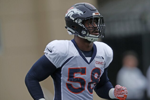Denver Broncos outside linebacker Von Miller (58) takes part in drills at an NFL football training camp Saturday, July 29, 2017, in Englewood, Colo. (AP Photo/David Zalubowski)
