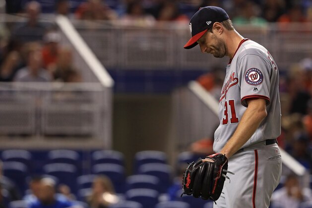 MIAMI, FL - AUGUST 01:  Max Scherzer #31 of the Washington Nationals reacts after taking himself out of the game in the second inning with neck spasms during a game against the Miami Marlins at Marlins Park on August 1, 2017 in Miami, Florida.  (Photo by Mike Ehrmann/Getty Images)
