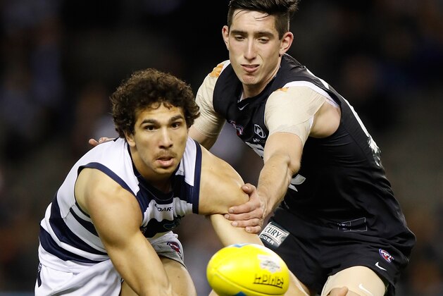 MELBOURNE, AUSTRALIA - JULY 29: Nakia Cockatoo of the Cats and Jacob Weitering of the Blues compete for the ball during the 2017 AFL round 19 match between the Carlton Blues and the Geelong Cats at Etihad Stadium on July 29, 2017 in Melbourne, Australia. (Photo by Michael Willson/AFL Media/Getty Images)