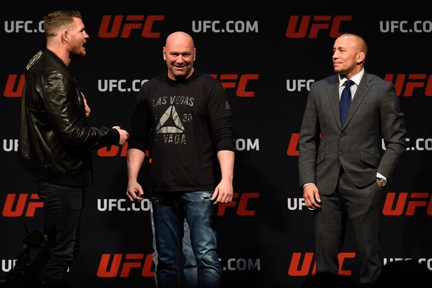 LAS VEGAS, NV - MARCH 03: (L-R) UFC middleweight champion Michael Bisping of England faces off against Georges St-Pierre of Canada during the UFC press conference at T-Mobile arena on March 3, 2017 in Las Vegas, Nevada. (Photo by Josh Hedges/Zuffa LLC/Zuffa LLC via Getty Images) LAS VEGAS, NV - MARCH 03: (L-R) UFC middleweight champion Michael Bisping of England faces off against Georges St-Pierre of Canada during the UFC press conference at T-Mobile arena on March 3, 2017 in Las Vegas, Nevada. (Photo by Josh Hedges/Zuffa LLC/Zuffa LLC via Getty Images)