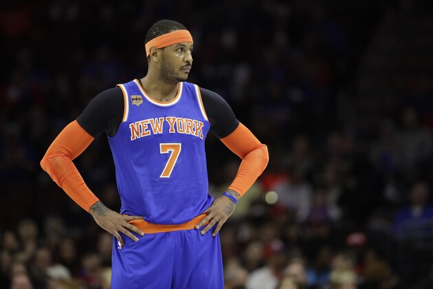 FILE - In this March 3, 2017, file photo, New York Knicks' Carmelo Anthony is shown during an NBA basketball game against the Philadelphia 76ers, in Philadelphia. The New York Knicks and Houston Rockets continue talking about a trade for Carmelo Anthony, though a person with knowledge of the details says no deal is imminent. Anthony has told the Knicks he would accept a move to the Rockets but the teams are still trying to find a trade that works for both sides, the person told The Associated Press on Thursday, July 13, 2017. (AP Photo/Matt Slocum, File) FILE - In this March 3, 2017, file photo, New York Knicks' Carmelo Anthony is shown during an NBA basketball game against the Philadelphia 76ers, in Philadelphia. The New York Knicks and Houston Rockets continue talking about a trade for Carmelo Anthony, though a person with knowledge of the details says no deal is imminent. Anthony has told the Knicks he would accept a move to the Rockets but the teams are still trying to find a trade that works for both sides, the person told The Associated Press on Thursday, July 13, 2017. (AP Photo/Matt Slocum, File)