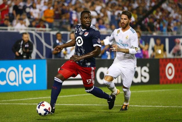 Aug 2, 2017; Chicago, IL, USA; MLS All-Star Team and Toronto FC forward Jozy Altidore (17) chases after the ball with Real Madrid defender Sergio Ramos (4) in the first half of the 2017 MLS All Star Game at Soldier Field. Mandatory Credit: Mark J. Rebilas-USA TODAY Sports